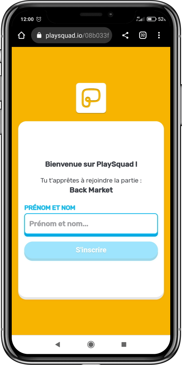 Screenshot de l'application PlaySquad sur l'étape de connexion au jeu