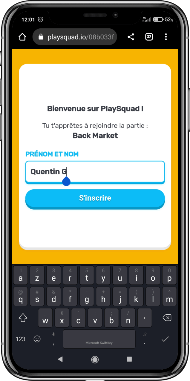 Screenshot de l'application PlaySquad sur l'étape de connexion au jeu avec clavier sorti