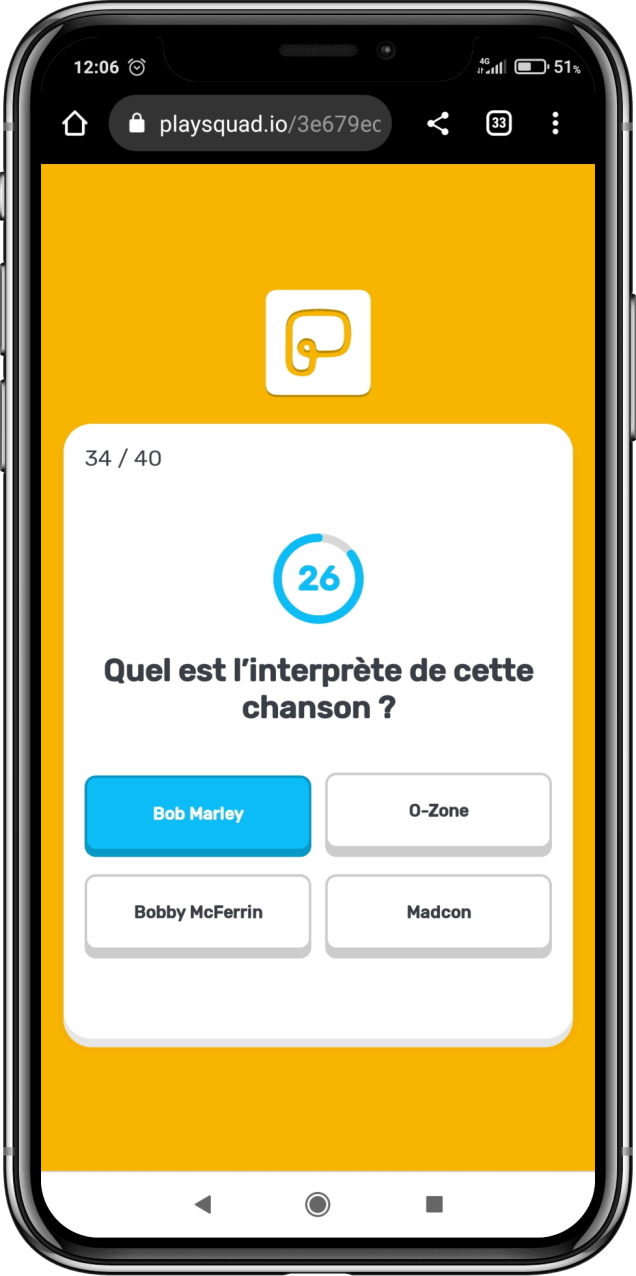 Screenshot de l'application PlaySquad sur l'étape question avec réponse Bob Marley